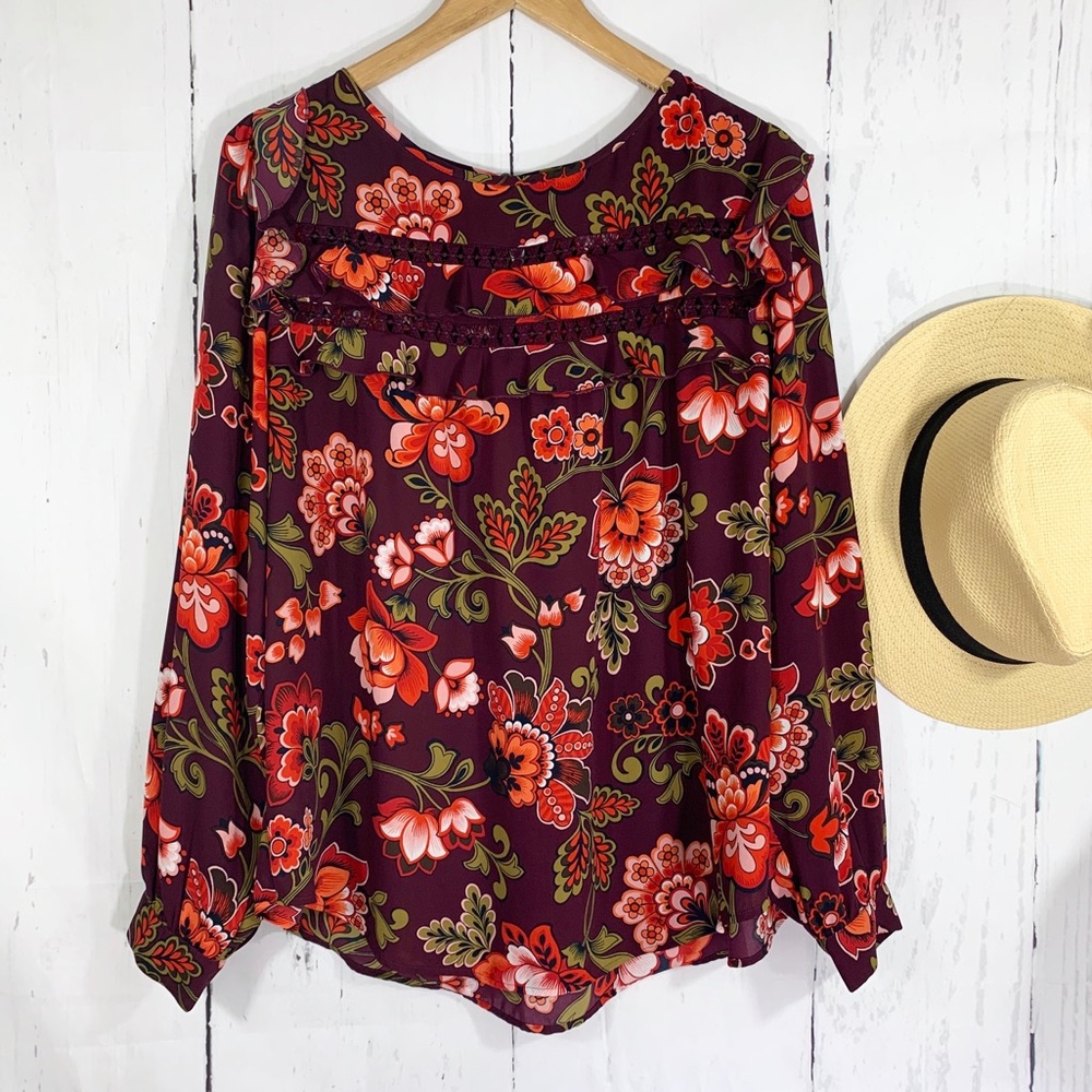 LOFT Red Floral Long Sleeve Blouse, Size L